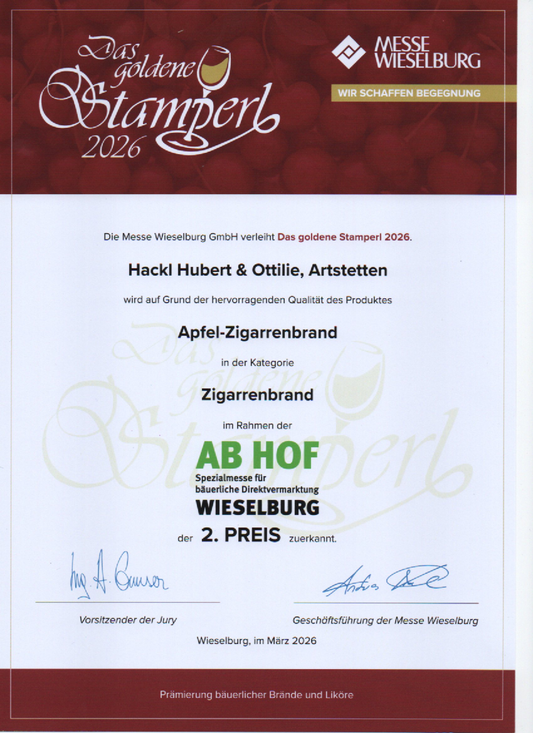 AbHof 2026 Urkunde (Apfel-Zigarrenbrand)