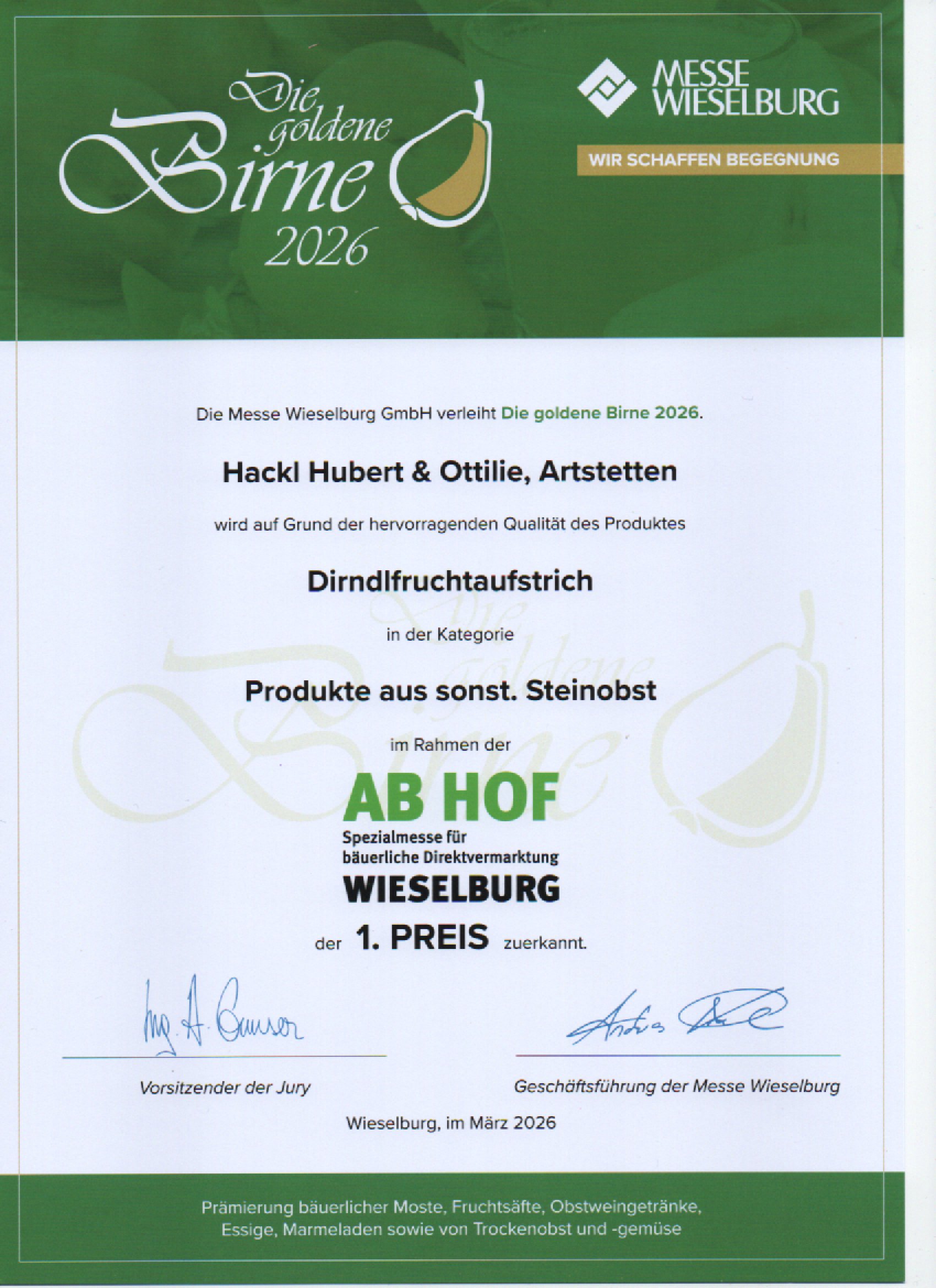 AbHof 2026 Urkunde (Dirndlfruchtaufstrich)