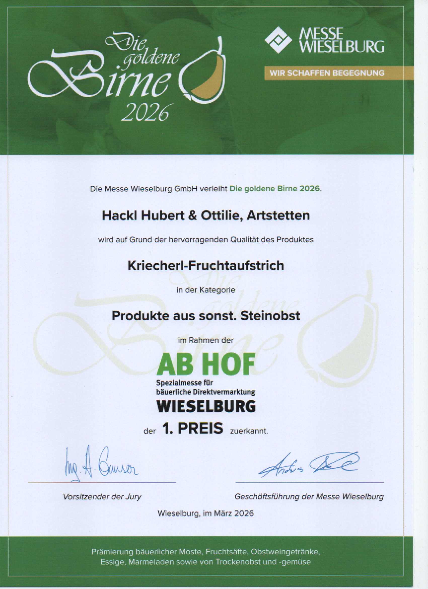 AbHof 2026 Urkunde (Kriecherl-Fruchtaufstrich)