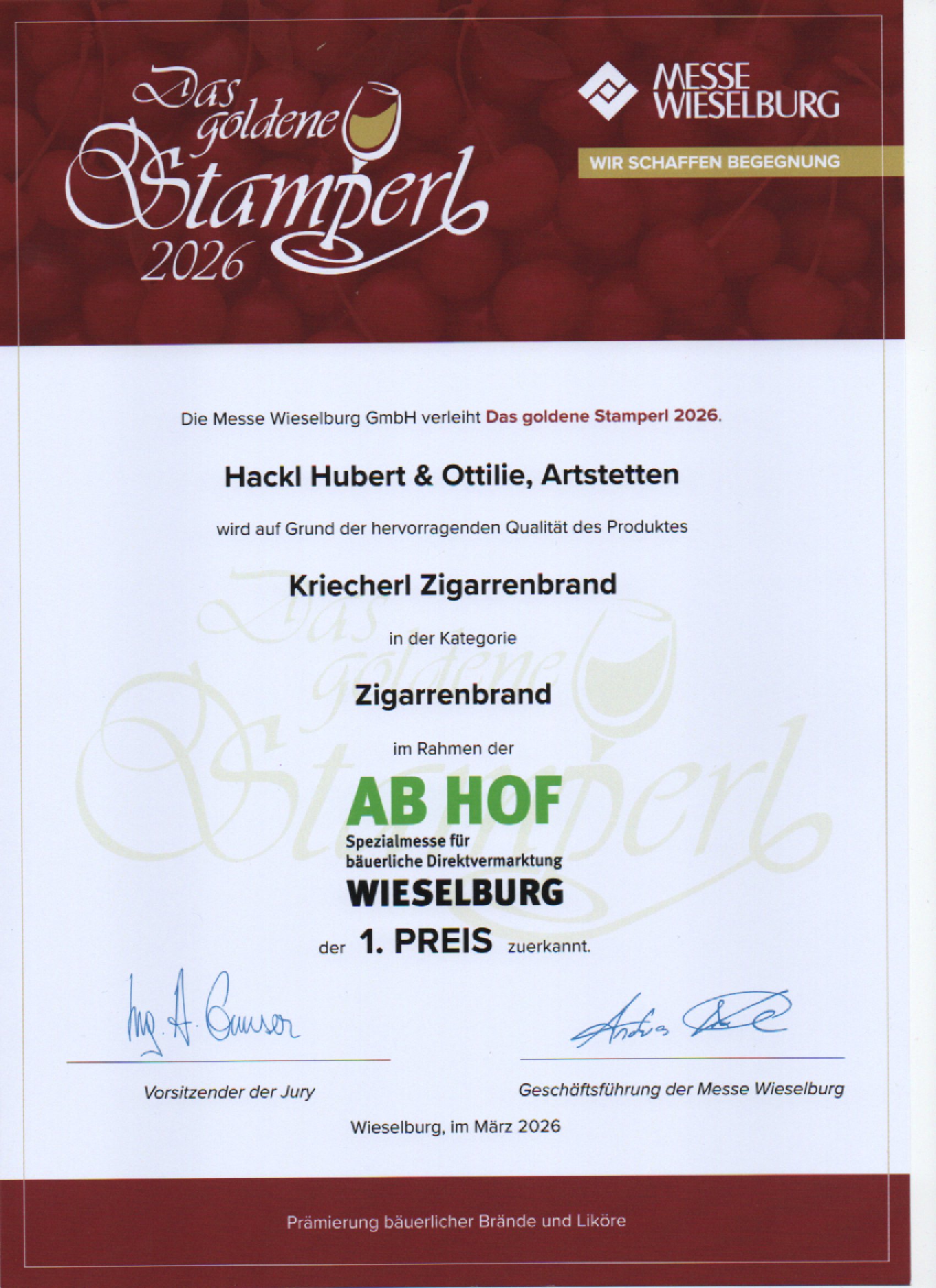 AbHof 2026 Urkunde (Kriecherl Zigarrenbrand)