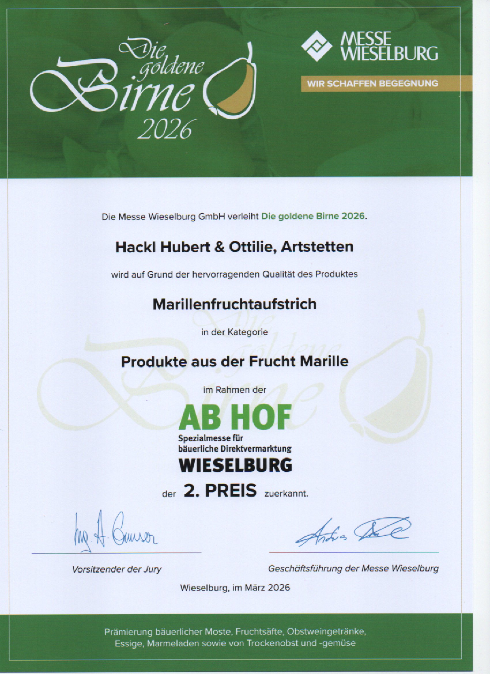 AbHof 2026 Urkunde (Marillenfruchtaufstrich)