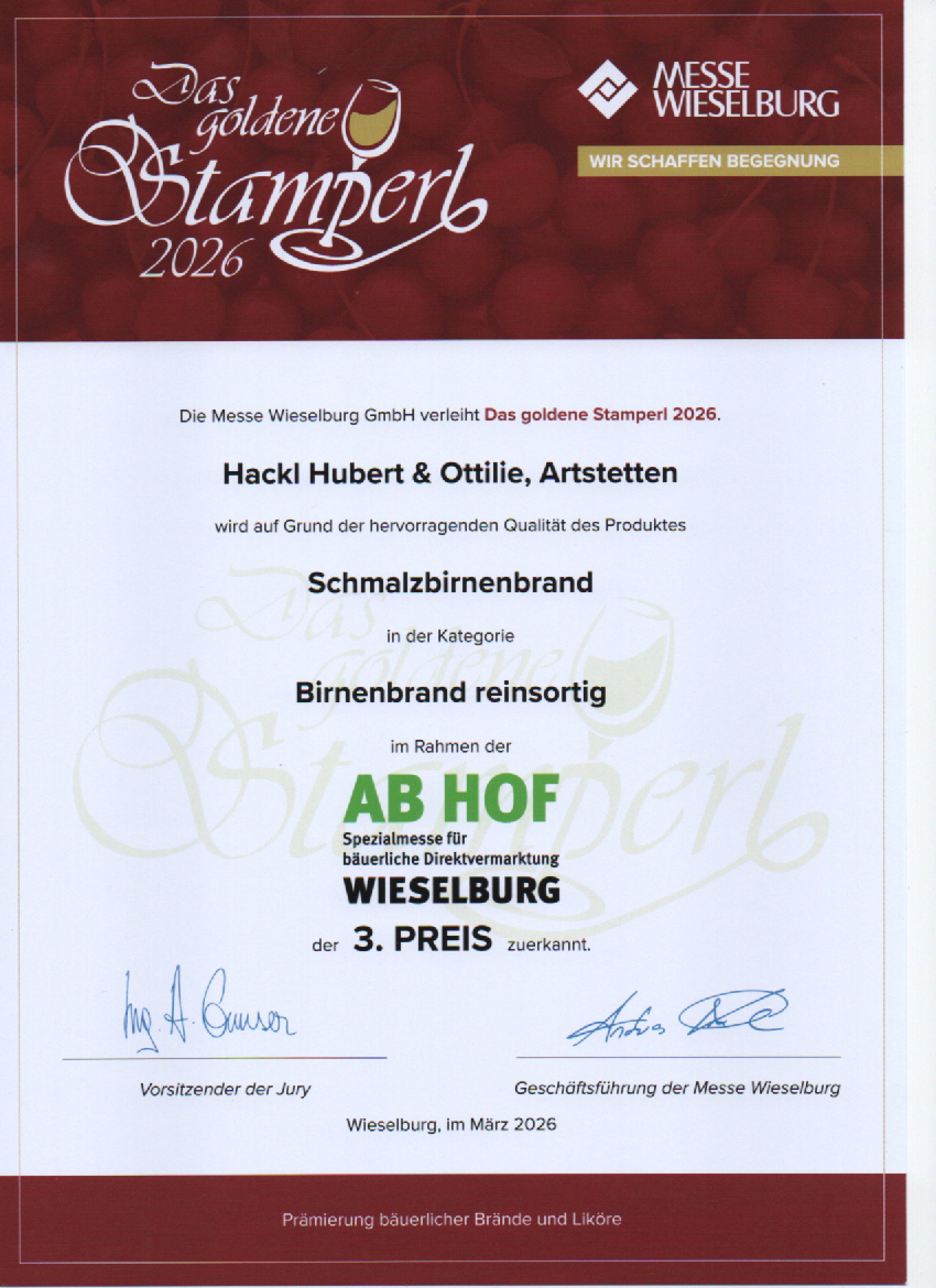 AbHof 2026 Urkunde (Schmalzbirnenbrand)